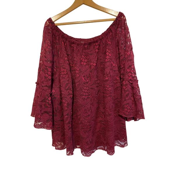 Catherines burgandy solid lace top long sleeve off shoulder Size 3X - Picture 1 of 5